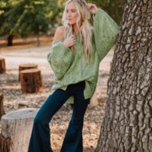 3BN Golden Hour Bubble Sleeve Sweater Dress Medium Light Green